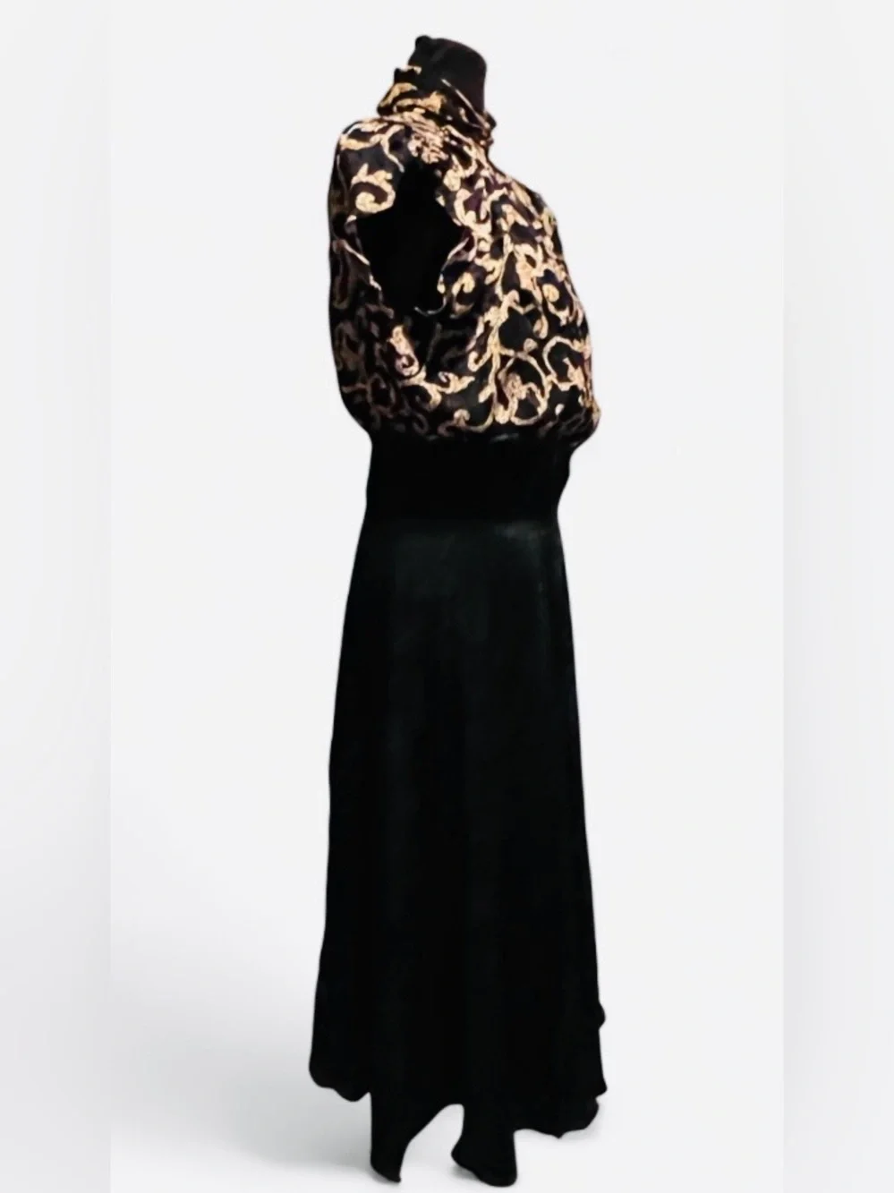 Vintage Maggy London Silk Maxi Dress with Gold Scroll Print Bodice
